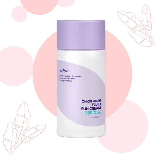 Isntree Onion Fresh Fluid Sun Cream SPF 50+ PA++++ sunscreen tube showing front label and product details.