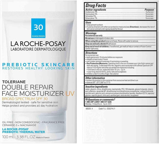 La Roche-Posay Double Repair Face Moisturizer with SPF 30, hydrating cream in a white jar with blue accents.