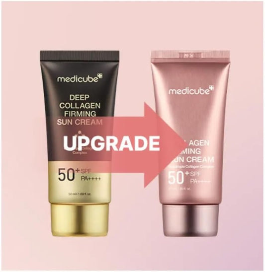 Medicube Collagen Firming Sun Cream SPF50+ in a tube, showing the product packaging and branding.