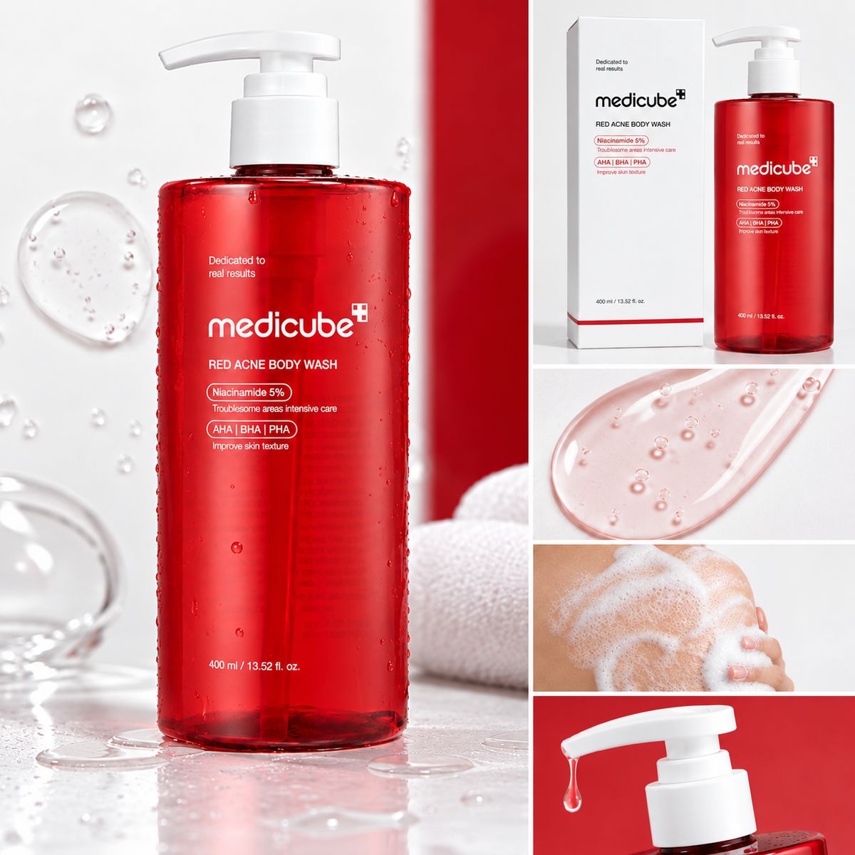 A collage showing a red medicube Red Acne Body Wash pump bottle, its white box, and close-up product details including liquid texture, foam on skin, and the pump dispenser against a red and white background.