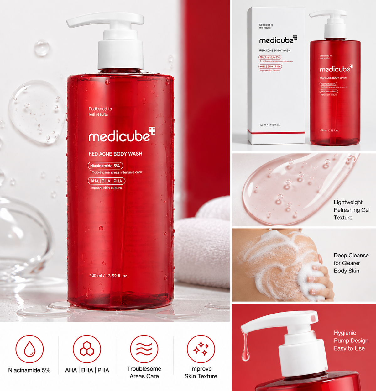 A collage showing a red medicube+ red acne body wash bottle with pump dispenser, its white and red box, gel texture, usage on skin, and feature icons on a red and white background.