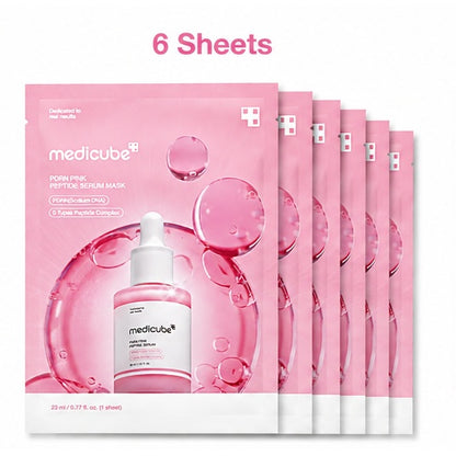 Six pink Medicube Peony Peptide Serum Mask sachets arranged in a fan, with a large '6 Sheets' text overlay at the top on a white background.