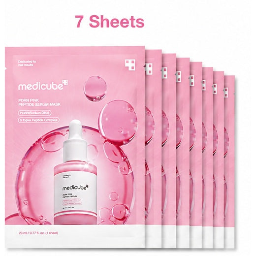 A pack of pink Medicube Poremin Peptid Serum Mask sheets, with one large sheet in front and seven smaller sheets fanned out behind it. The packaging features a pink background with bubble graphics and a small bottle illustration.