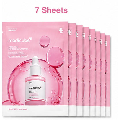A pack of pink Medicube Poremin Peptid Serum Mask sheets, with one large sheet in front and seven smaller sheets fanned out behind it. The packaging features a pink background with bubble graphics and a small bottle illustration.