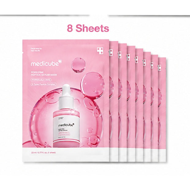 A pack of eight pink Medicube Peony Peptide Serum Mask sheets, arranged in a fan shape to show the count, with a text overlay reading '8 Sheets' at the top.