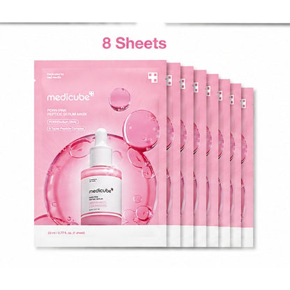 A pack of eight pink Medicube Peony Peptide Serum Mask sheets, arranged in a fan shape to show the count, with a text overlay reading '8 Sheets' at the top.