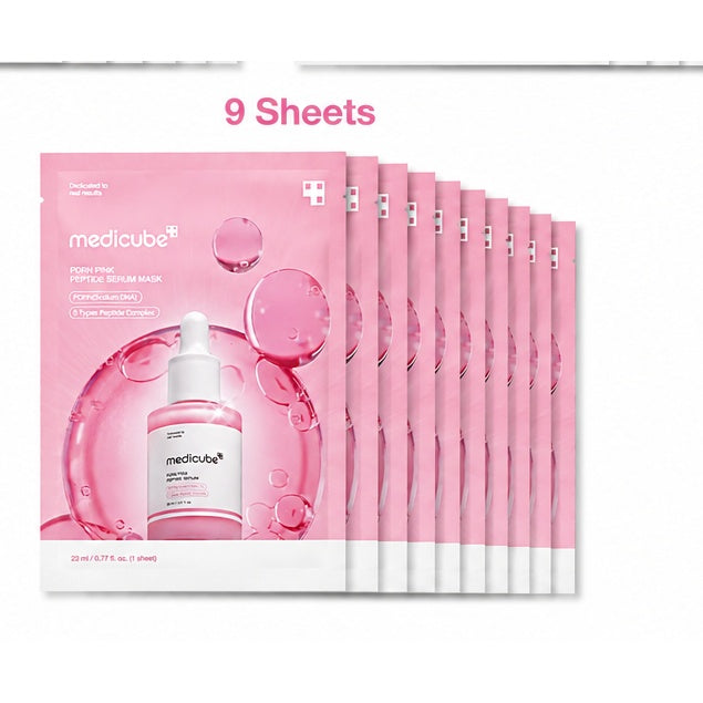 A pack of Medicube Peony Pink Peptide Serum Mask sheets, showing one flat sheet in front and nine additional sheets fanned out behind it on a white background with '9 Sheets' text above.