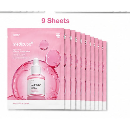A pack of Medicube Peony Pink Peptide Serum Mask sheets, showing one flat sheet in front and nine additional sheets fanned out behind it on a white background with '9 Sheets' text above.
