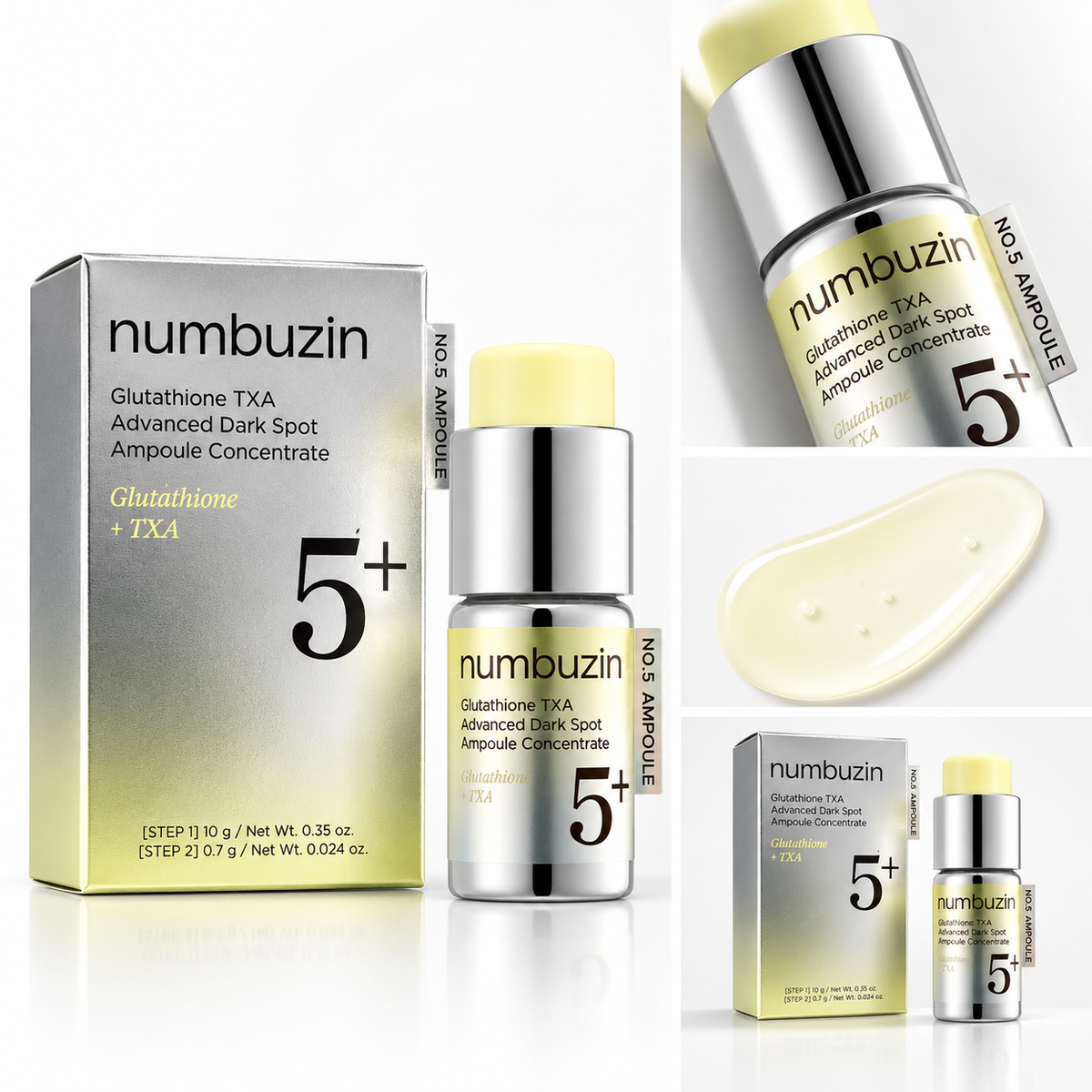 Numbuzin Glutathione TXA Advanced Dark Spot Ampoule Concentrate shown with its silver and gold packaging box, a large dropper bottle, a small ampoule, a swatch of pale yellow cream, and a close-up of the dropper cap on a white background.