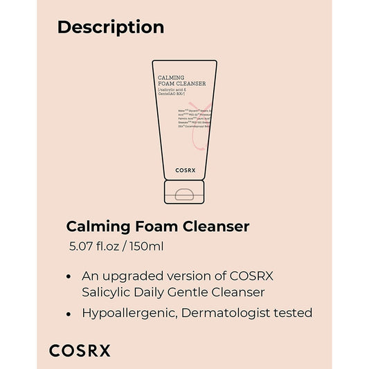 COSRX Calming Foam Cleanser 150ml in a white pump bottle, designed for gentle facial cleansing and soothing sensitive skin.