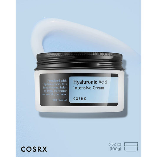 COSRX Hyaluronic Acid Intensive Cream 150ml jar showing the white cream inside and the product packaging.